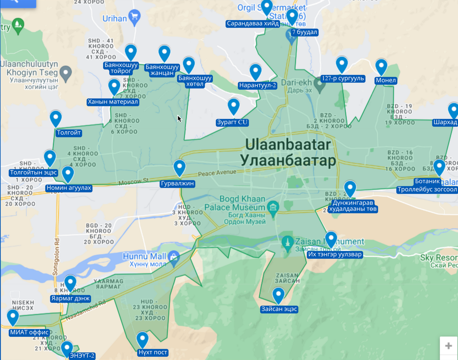 Улаанбаатар хотын хүргэлтийн бүсийн зураг